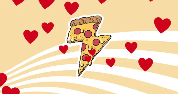 Multiple Red Heart Pizza Slice Icons White Stripes Pink Background — 스톡 사진