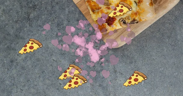 Multiple Pink Heart Pizza Slice Icons Close Pizza Wooden Tray — 스톡 사진