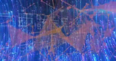 Animation of light trails over network of connections with data processing on black background. Global technology, computing and digital interface concept digitally generated video.