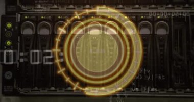 Animation of scope scanning with data processing over server room. Global technology, online security and digital interface concept digitally generated video.