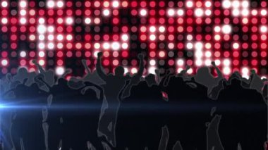 Animation of silhouette people dancing and enjoying nightlife in illuminated club. Digital composite, celebration, fun, decoration, entertainment, nightclub, lighting equipment, party.