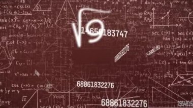 Animation of mathematical equations on red background. Global science, computing and digital interface concept digitally generated video.