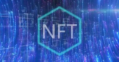 Animation of light trails over nft text with data processing on black background. Global technology, computing and digital interface concept digitally generated video.