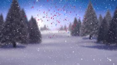 Animation of confetti and snow falling over fir trees at christmas. Winter, tradition and christmas concept digitally generated video.