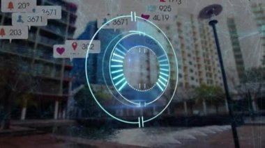 Animation of scanning circle with notifications and connecting dots over modern skyscrapers. Digital composite, multiple exposure, social media, city, telecommunication, futuristic and technology.