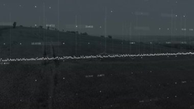Animation of financial data processing over landscape. Global finances, computing and digital interface concept digitally generated video.