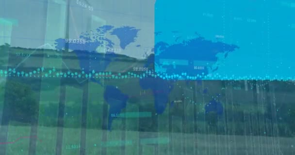 Animation Financial Data Processing World Map Wind Turbine Global Data — Stock videók