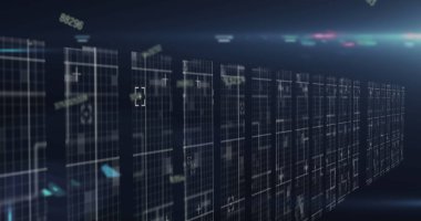 Image of numbers changing with light trails over tech room with computer servers. global technology data processing concept digitally generated image.