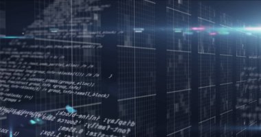 Image of data processing over tech room with computer servers. global technology data processing concept digitally generated image.