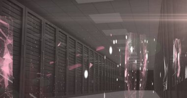 Digital image of Globe of digital icons and glowing spot of light over Plexus network against multiple servers. Global networking and online security concept