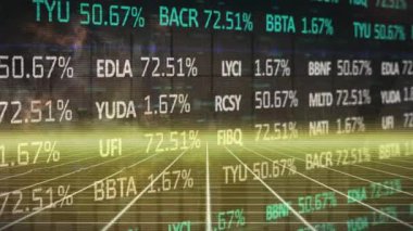 Animation of stock market data with changing percentages moving over grid pattern. Hologram, digitally generated, multiple exposure, investment, trading and technology concept.