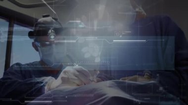 Animation of data processing over caucasian male surgeon in operating theatre. Global medicine, computing, connections, networks and data processing concept digitally generated video.