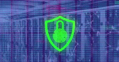 Animation of data processing over padlock and server room. Global business and digital interface concept digitally generated video.