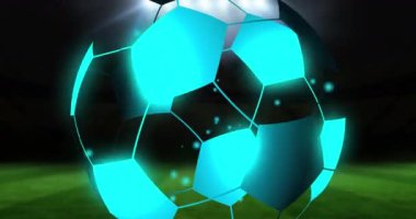 Animation of digital football over stadium. Global sport, technology and digital interface concept digitally generated video.