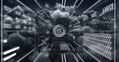 Animation of digital data processing over clouds. Global digital interface, networks and data processing concept digitally generated video.