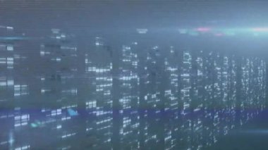 Animation of vhs glitch effect over multiple screens with mosaic squares against blue background. Computer interface and business technology concept