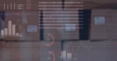 Depodaki paketlerin üzerinden finansal veri ve grafiklerin resmi. ticaret, dağıtım hizmetleri, ekonomi ve teknoloji dijital olarak üretilen imaj.