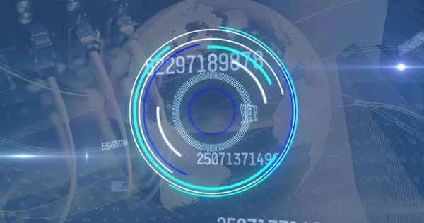 Image of digital interface showing circular scope and rising numbers with server network cables behind. communication technology digital interface concept, digitally generated image.