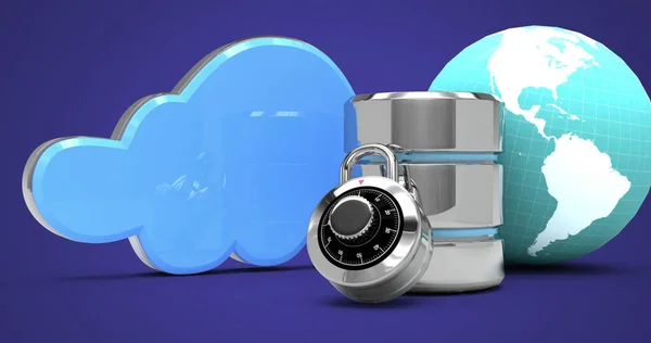 Database server over cloud icon and globe against blue background. cloud storage and computing technology concept