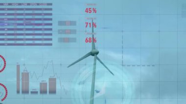 Animation of infographic interface and watch over spinning windmill against clear sky. Digital composite, multiple exposure, database, sustainable energy, wind power, time, business and technology.