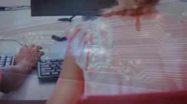 Animation of padlock and dots connecting with lines over multiracial students using computers. Digital composite, multiple exposure, security, childhood, education, cloud computing, technology.