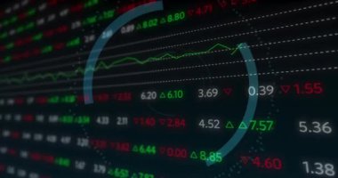 Animation of scope scanning with computer icon over stock market on black background. Global technology, online security and digital interface concept digitally generated video.