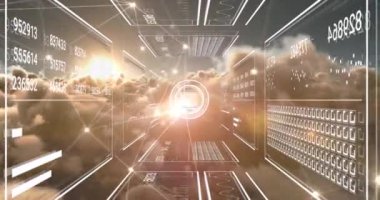 Animation of digital data processing and networks over clouds. Global digital interface, networks and data processing concept digitally generated video.