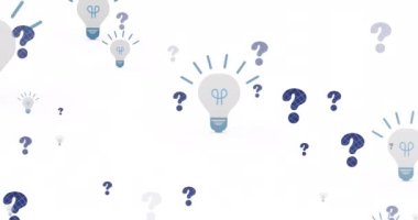 Animation of lightbulb icons over question marks on white background. Global education and digital interface concept digitally generated video.