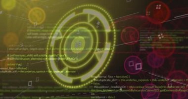 Animation of scope scanning and network of connections over data processing. Global technology, online security and digital interface concept digitally generated video.