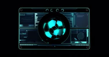 Animation of digital football over data processing on black background. Global sport, technology and digital interface concept digitally generated video.