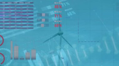Rüzgar türbini üzerinde veri işleme animasyonu. küresel iş, ekoloji ve dijital arayüz kavramı dijital olarak oluşturulmuş video.