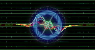 Animation of scope and financial data processing over grid. Global business, finance, digital interface and data processing concept digitally generated video.