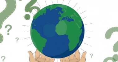 Animation of hands holding globe over question marks on white background. Global education and digital interface concept digitally generated video.