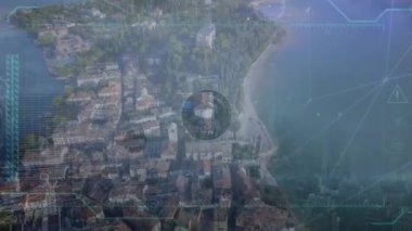 Animation of data processing and network of connections with icons over cityscape. Global computing, connections, networks and data processing concept digitally generated video.