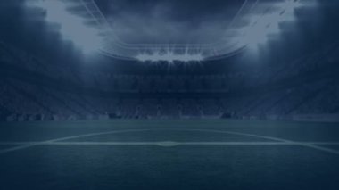 Animation of digital football over stadium. Global sport, technology and digital interface concept digitally generated video.