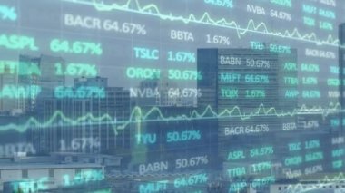 Animation of trading board and line graphs moving over skyscrapers against clear sky in city. Digital composite, multiple exposure, investment, cityscape, stock market, data and technology.