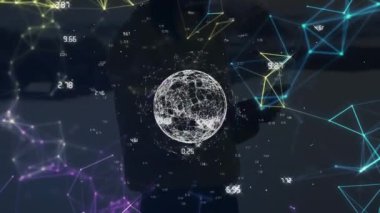 Animation of network of connections and globe with data processing over man using smartphone. Global technology and digital interface concept digitally generated video.