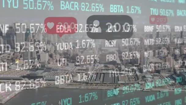 Animation Trading Board Social Media Notification Counters Aerial View Cityscape — Vídeo de stock