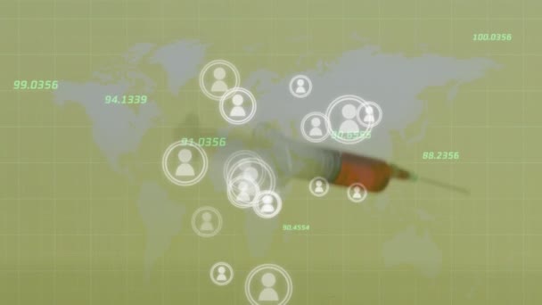 Animation Social Media Users Syringe World Map Numbers Global Economy — Vídeos de Stock