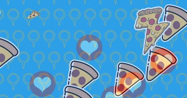 Multiple red heart and pizza slice icons against blue background. national pizza day awareness concept