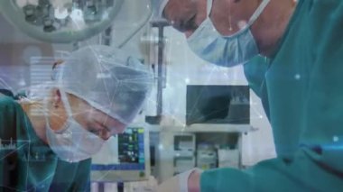 Animation of network of connections with data processing over diverse surgeons and patient. Global medicine, computing and digital interface concept digitally generated video.