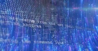 Animation of light trails over world map with data processing on black background. Global technology, computing and digital interface concept digitally generated video.