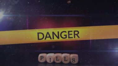 Animation of police ribbon with danger, virus, quarantine over pills on black background. Global economy, finance, health, medicine and covid 19 pandemic concept digitally generated video.