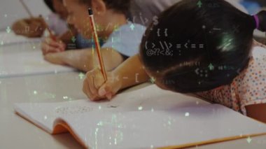 Animation of mathematical symbols and arrow down over teacher assisting students in writing in class. Digital composite, multiple exposure, education, childhood, learning and school concept.