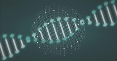 Animation of globe over dna strand on black background. Global technology, computing and digital interface concept digitally generated video.