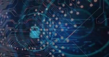 Animation of computer circuit board over scope scanning and padlock icon on black background. Global technology, computing and digital interface concept digitally generated video.