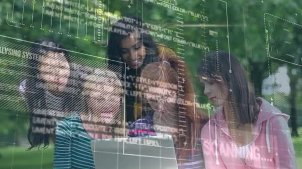 Animation Data Processing Happy Diverse Female Students Using Laptop Together — Stockvideo