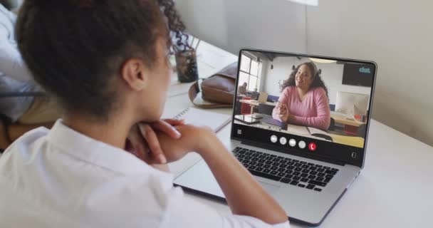Animation Biracial Woman Having Video Call Laptop Business Communication Working — Vídeo de stock