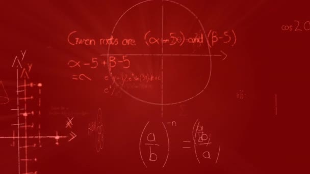 Animation Mathematical Equations Red Background Global Science Computing Digital Interface — Stockvideo