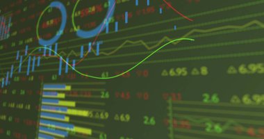 Finansal verilerin ve grafiklerin resmi yeşil arka planda. küresel iş, finans, ekonomi ve teknoloji konsepti dijital olarak oluşturulmuş imaj.